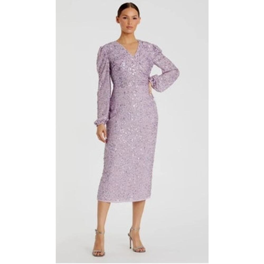 Mac Duggal 107641 Dress Sequined V-Neck Long Sleeve Midi Lavender NWT 2